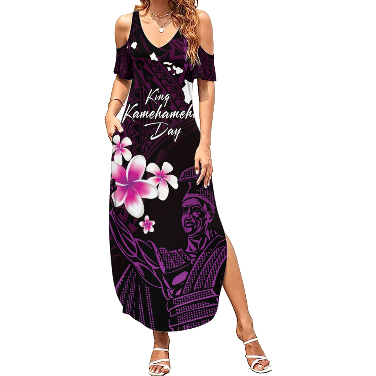 Personalised Hawaii King Kamehameha Day Family Matching Summer Maxi Dress and Hawaiian Shirt Plumeria With Kakau Pattern - Purple LT14 Mom's Dress Purple - Polynesian Pride