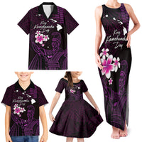 Personalised Hawaii King Kamehameha Day Family Matching Tank Maxi Dress and Hawaiian Shirt Plumeria With Kakau Pattern - Purple LT14 - Polynesian Pride