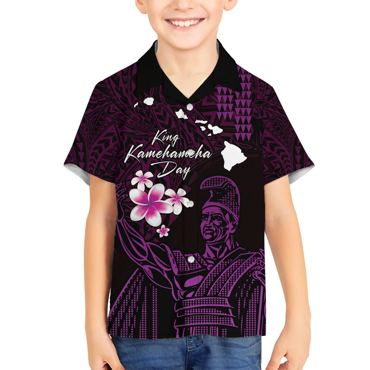 Personalised Hawaii King Kamehameha Day Family Matching Tank Maxi Dress and Hawaiian Shirt Plumeria With Kakau Pattern - Purple LT14 Son's Shirt Purple - Polynesian Pride