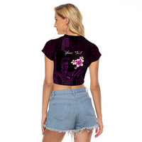 Personalised Hawaii King Kamehameha Day Raglan Cropped T Shirt Plumeria With Kakau Pattern - Purple