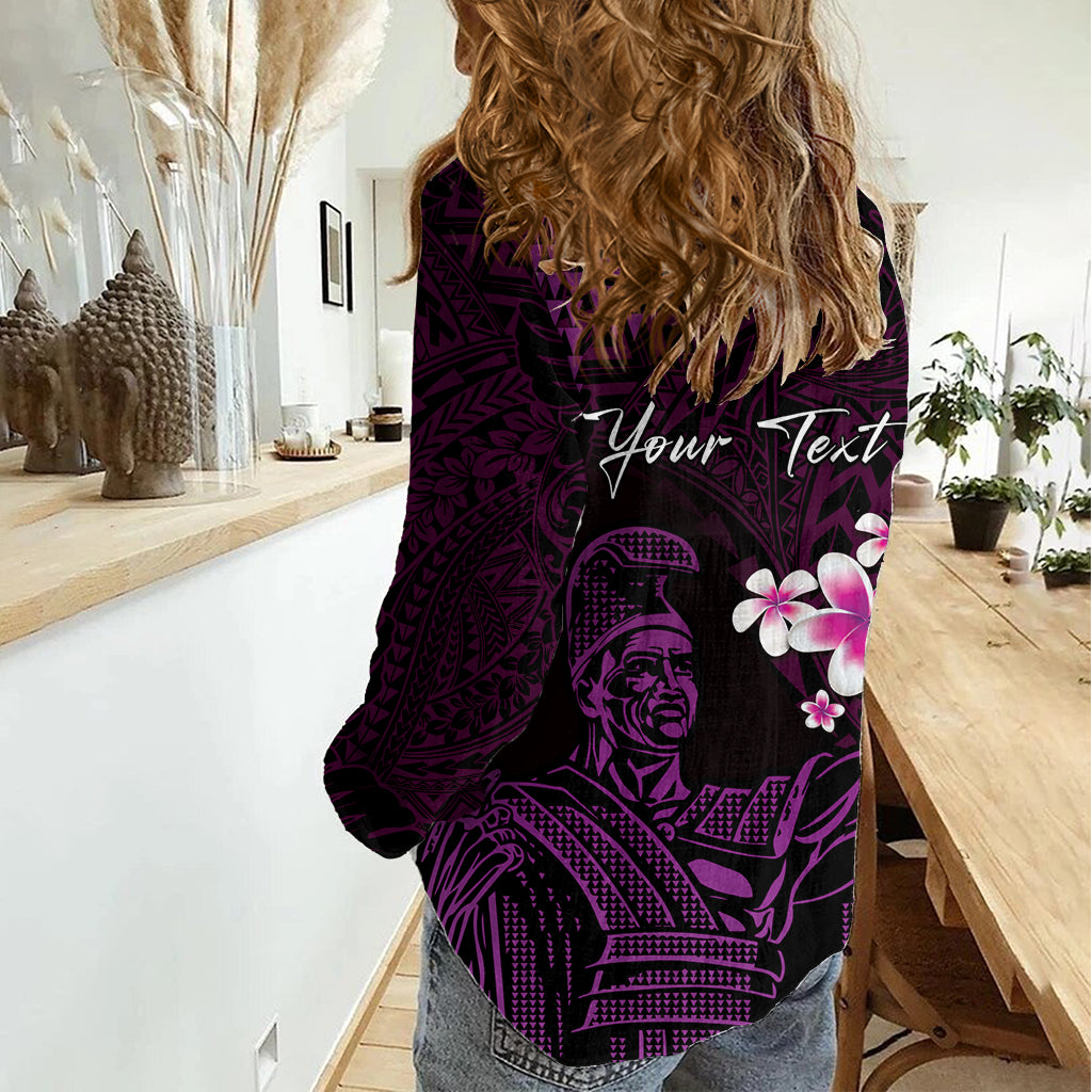 Personalised Hawaii King Kamehameha Day Women Casual Shirt Plumeria With Kakau Pattern - Purple