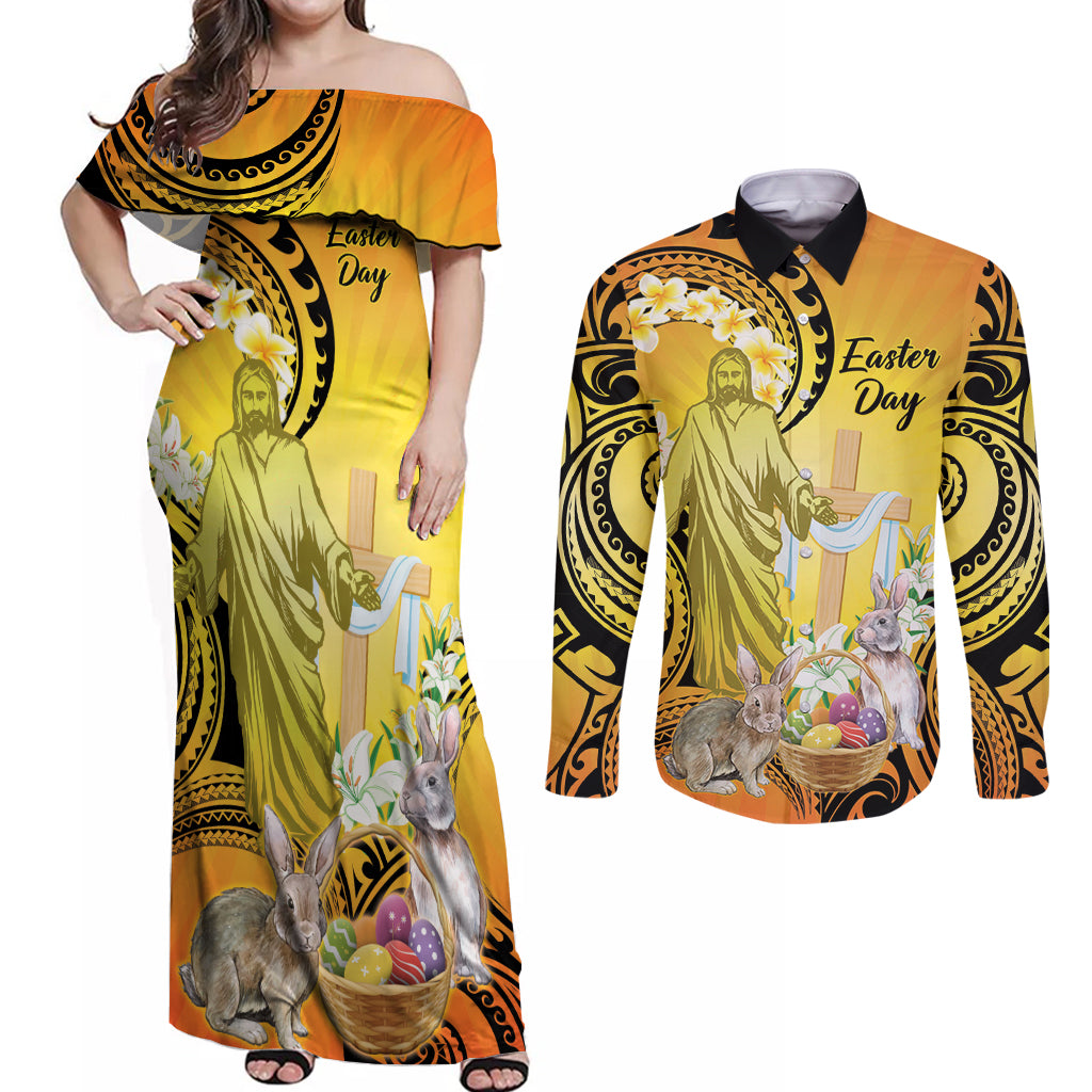 Polynesia Easter Day Couples Matching Off Shoulder Maxi Dress and Long Sleeve Button Shirt He Is Risen Lilium Longiflorum Polynesian Pattern