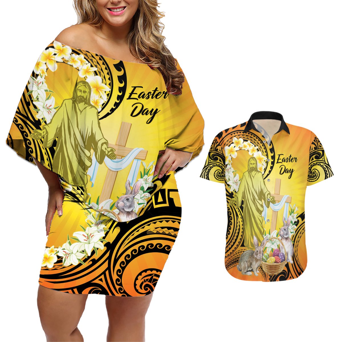 Polynesia Easter Day Couples Matching Off Shoulder Short Dress and Hawaiian Shirt He Is Risen Lilium Longiflorum Polynesian Pattern