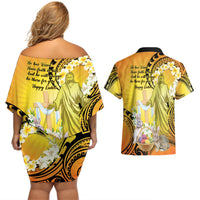 Polynesia Easter Day Couples Matching Off Shoulder Short Dress and Hawaiian Shirt He Is Risen Lilium Longiflorum Polynesian Pattern