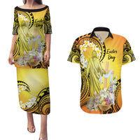 Polynesia Easter Day Couples Matching Puletasi and Hawaiian Shirt He Is Risen Lilium Longiflorum Polynesian Pattern