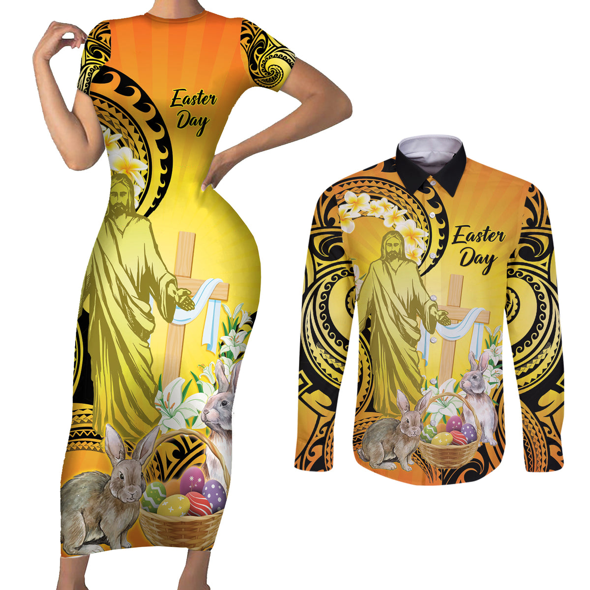 Polynesia Easter Day Couples Matching Short Sleeve Bodycon Dress and Long Sleeve Button Shirt He Is Risen Lilium Longiflorum Polynesian Pattern