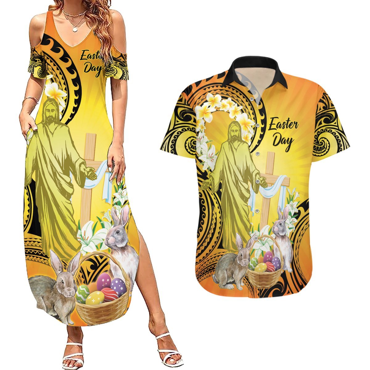 Polynesia Easter Day Couples Matching Summer Maxi Dress and Hawaiian Shirt He Is Risen Lilium Longiflorum Polynesian Pattern LT14 Gold - Polynesian Pride