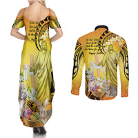 Polynesia Easter Day Couples Matching Summer Maxi Dress and Long Sleeve Button Shirt He Is Risen Lilium Longiflorum Polynesian Pattern