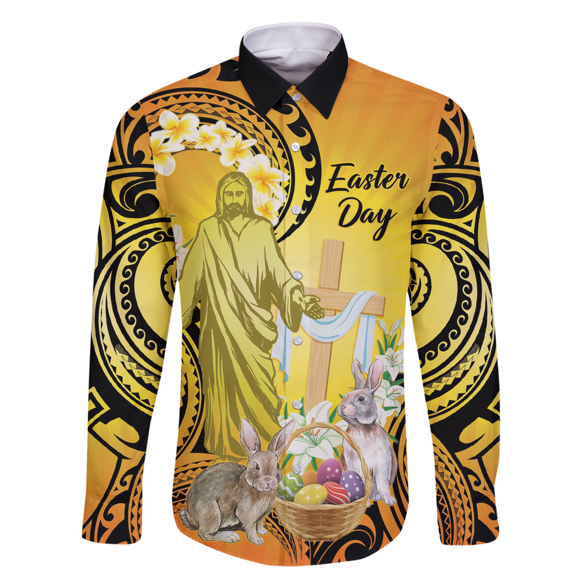 Polynesia Easter Day Family Matching Off Shoulder Short Dress and Hawaiian Shirt He Is Risen Lilium Longiflorum Polynesian Pattern
