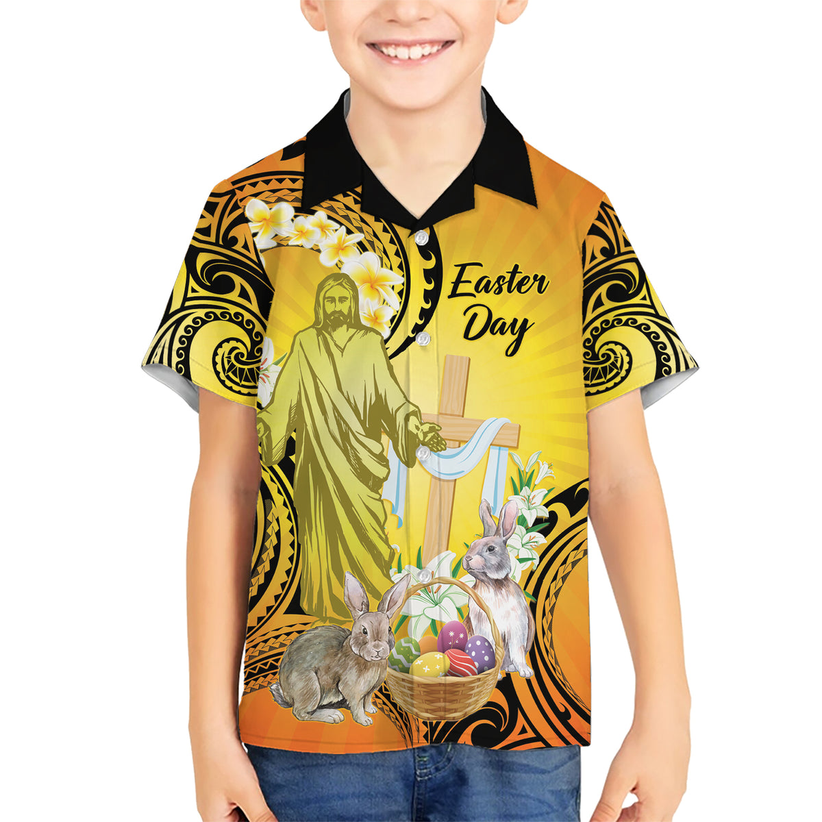 Polynesia Easter Day Family Matching Short Sleeve Bodycon Dress and Hawaiian Shirt He Is Risen Lilium Longiflorum Polynesian Pattern