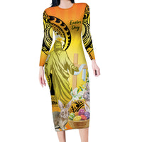 Polynesia Easter Day Long Sleeve Bodycon Dress He Is Risen Lilium Longiflorum Polynesian Pattern