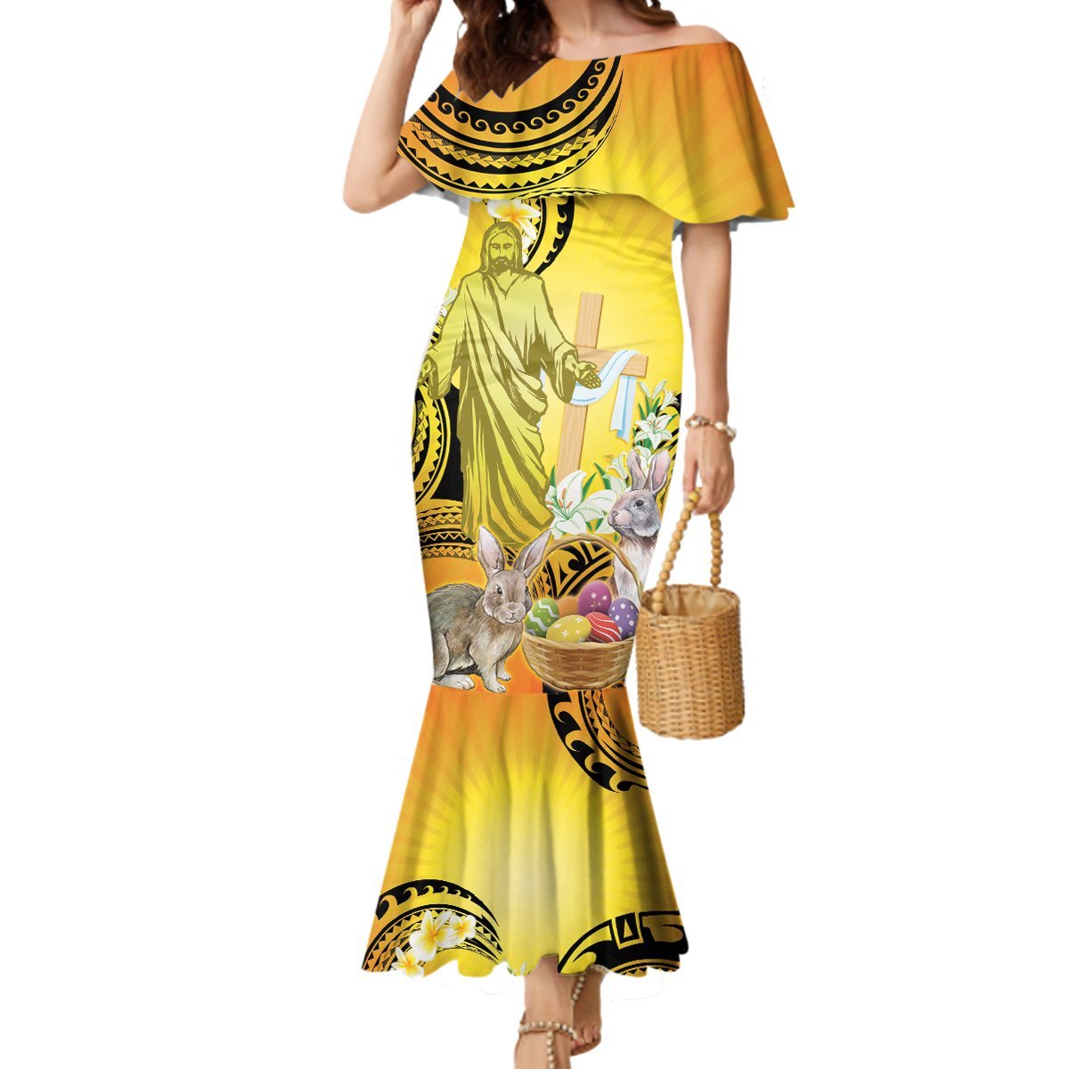 Polynesia Easter Day Mermaid Dress He Is Risen Lilium Longiflorum Polynesian Pattern LT14 Women Gold - Polynesian Pride