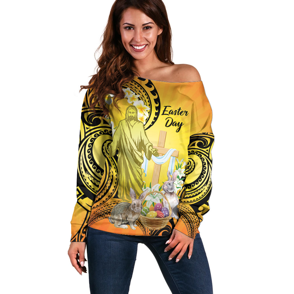 Polynesia Easter Day Off Shoulder Sweater He Is Risen Lilium Longiflorum Polynesian Pattern LT14 Women Gold - Polynesian Pride