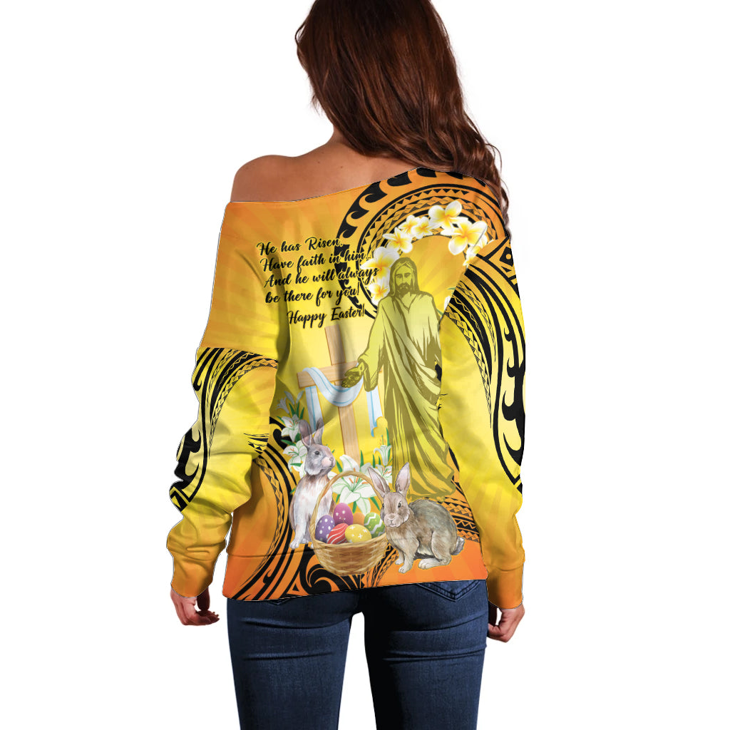 Polynesia Easter Day Off Shoulder Sweater He Is Risen Lilium Longiflorum Polynesian Pattern