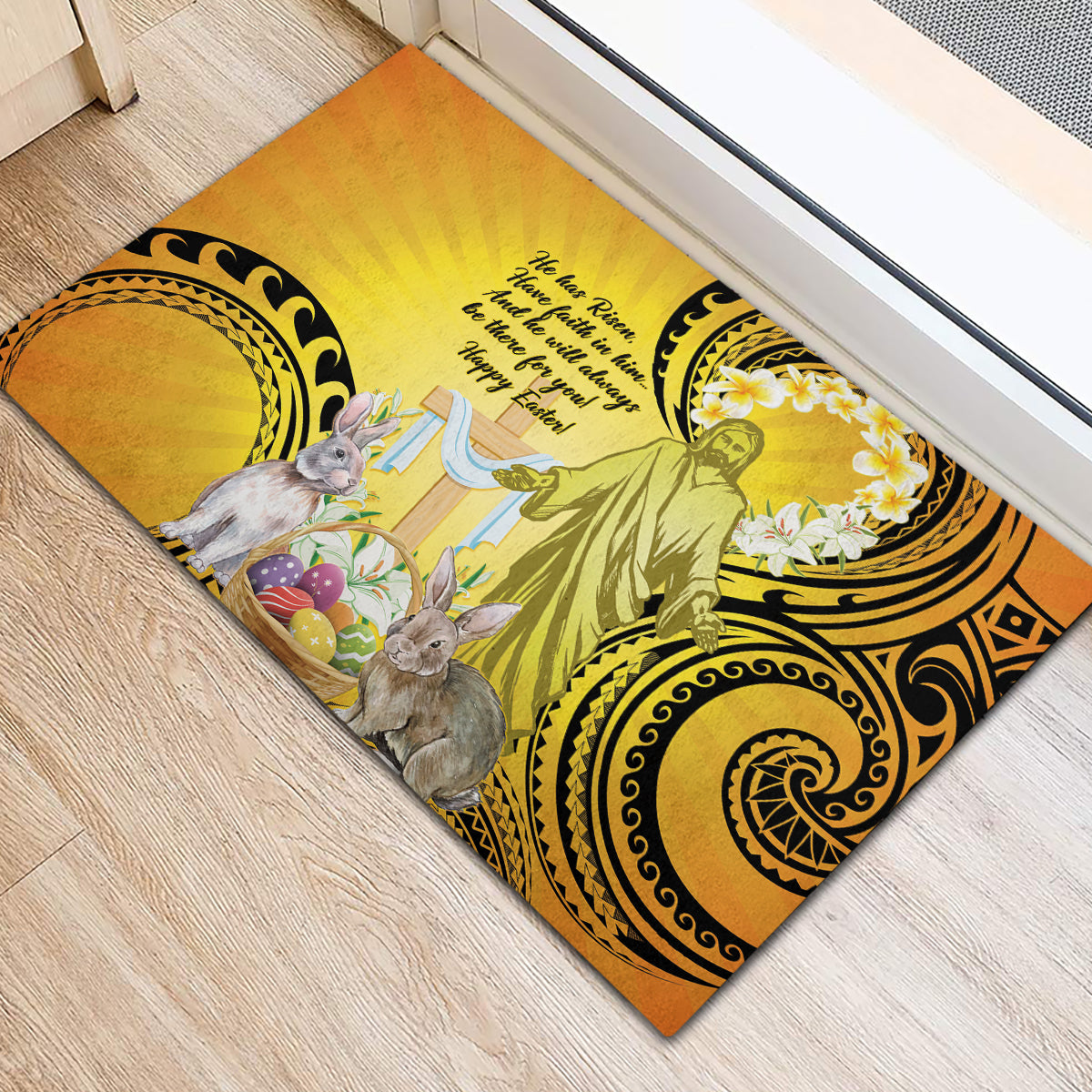 Polynesia Easter Day Rubber Doormat He Is Risen Lilium Longiflorum Polynesian Pattern