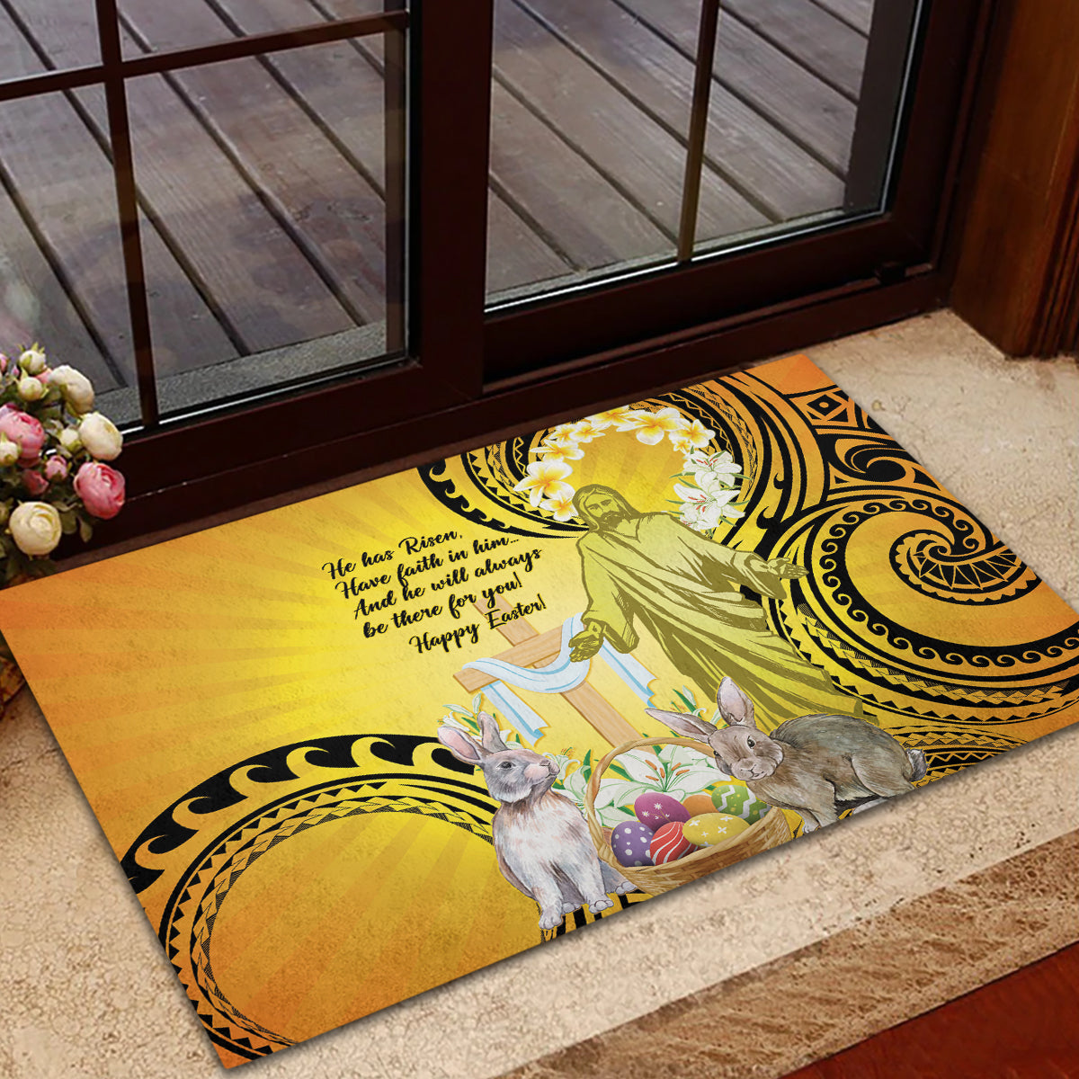 Polynesia Easter Day Rubber Doormat He Is Risen Lilium Longiflorum Polynesian Pattern