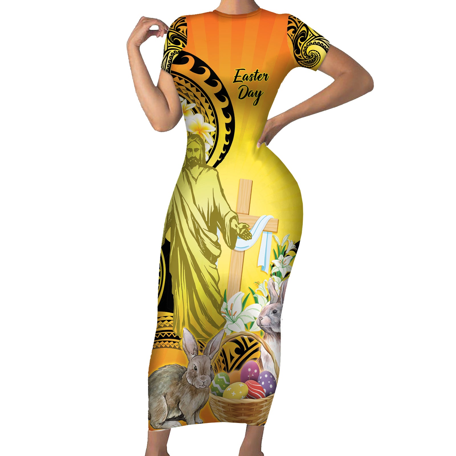 Polynesia Easter Day Short Sleeve Bodycon Dress He Is Risen Lilium Longiflorum Polynesian Pattern LT14 Long Dress Gold - Polynesian Pride