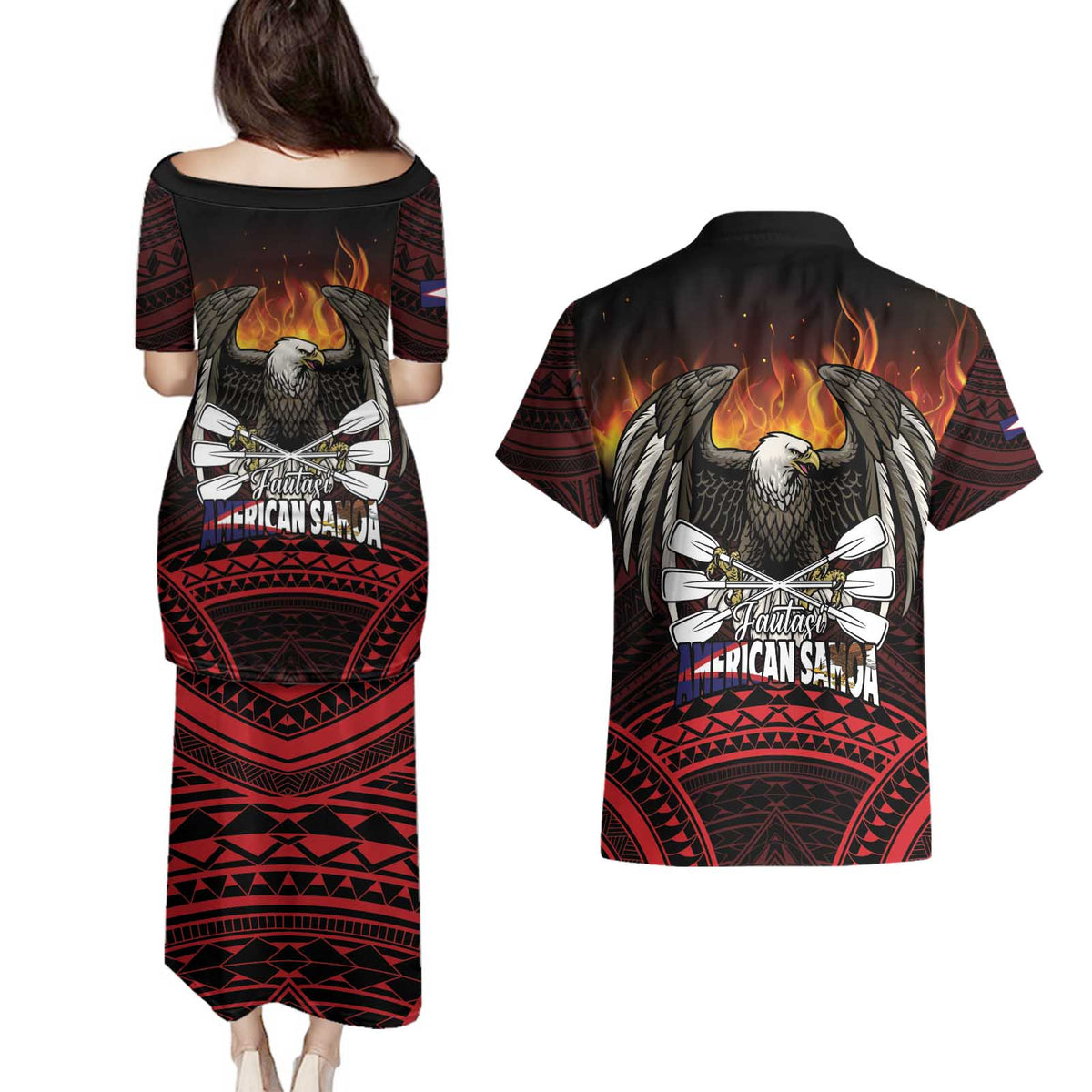Fautasi Race Day American Samoa Couples Matching Puletasi and Hawaiian Shirt Bald Eagle Polynesian Tattoo