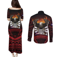 Fautasi Race Day American Samoa Couples Matching Puletasi and Long Sleeve Button Shirt Bald Eagle Polynesian Tattoo