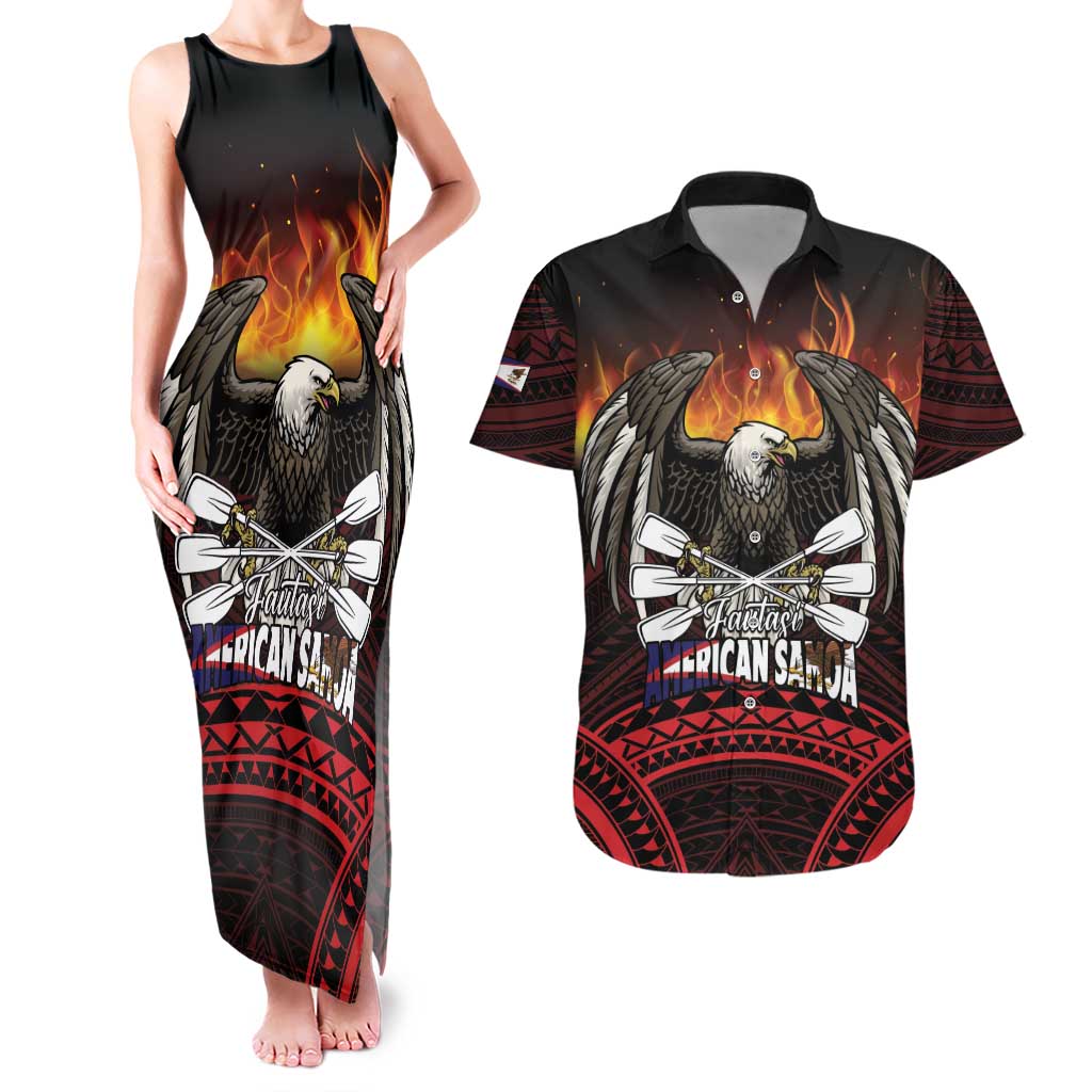 Fautasi Race Day American Samoa Couples Matching Tank Maxi Dress and Hawaiian Shirt Bald Eagle Polynesian Tattoo