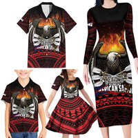 Fautasi Race Day American Samoa Family Matching Long Sleeve Bodycon Dress and Hawaiian Shirt Bald Eagle Polynesian Tattoo LT14 - Polynesian Pride