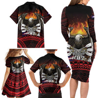 Fautasi Race Day American Samoa Family Matching Long Sleeve Bodycon Dress and Hawaiian Shirt Bald Eagle Polynesian Tattoo LT14 - Polynesian Pride