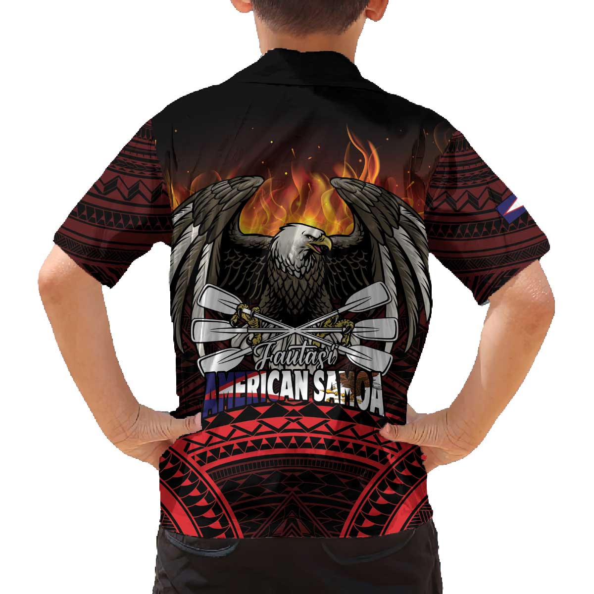Fautasi Race Day American Samoa Family Matching Off The Shoulder Long Sleeve Dress and Hawaiian Shirt Bald Eagle Polynesian Tattoo LT14 - Polynesian Pride