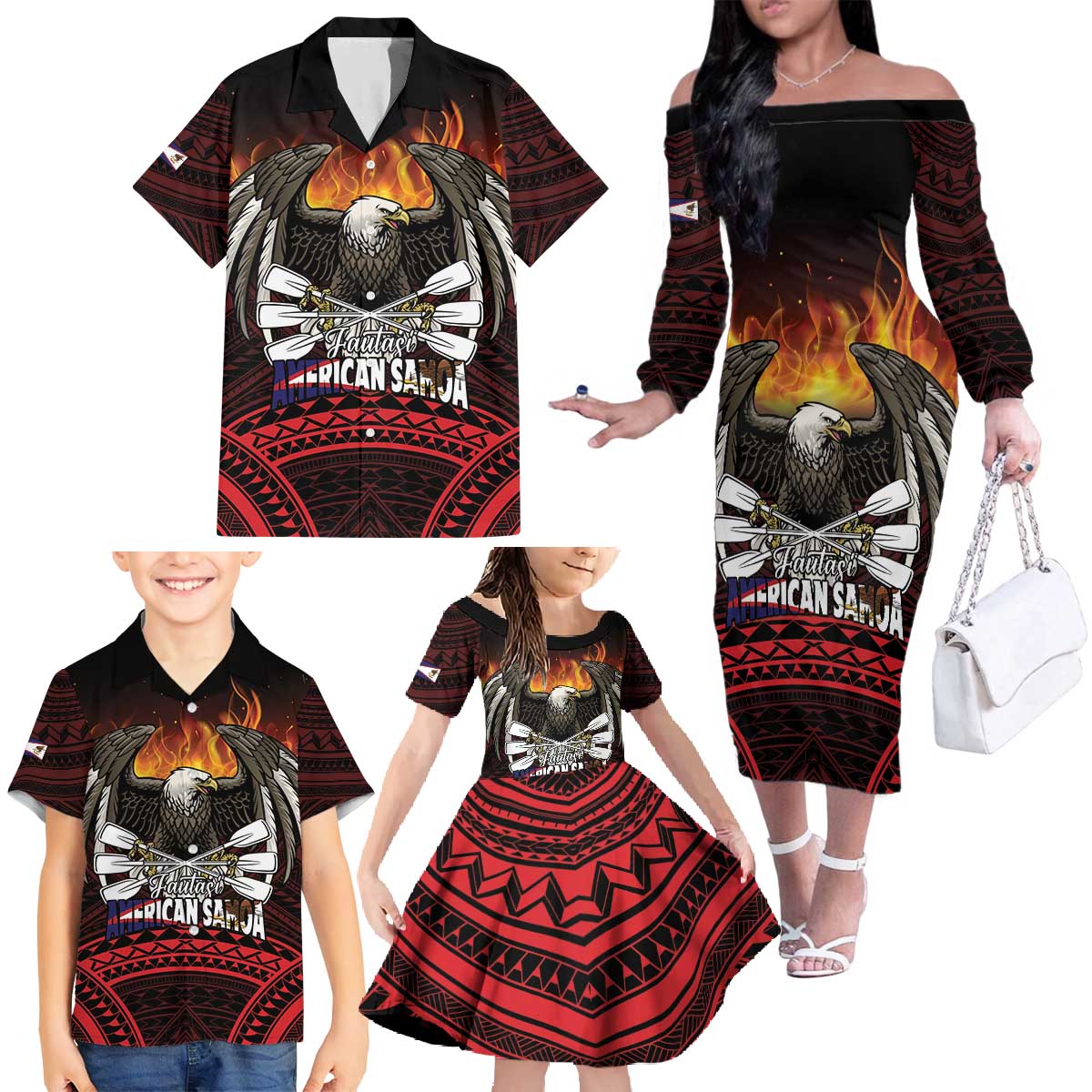 Fautasi Race Day American Samoa Family Matching Off The Shoulder Long Sleeve Dress and Hawaiian Shirt Bald Eagle Polynesian Tattoo