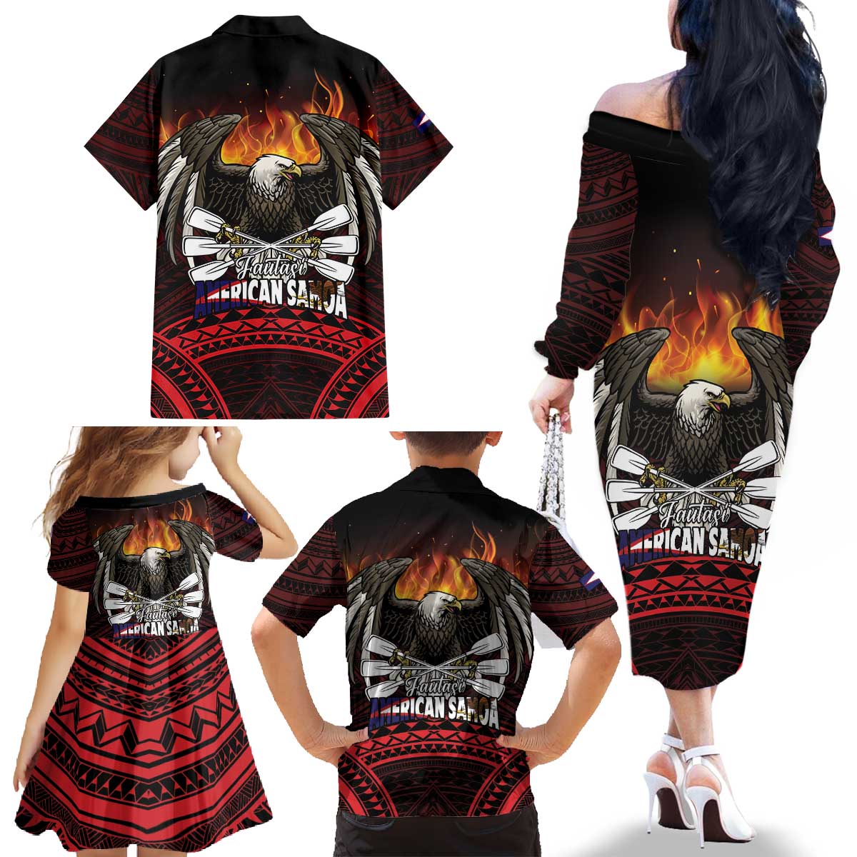 Fautasi Race Day American Samoa Family Matching Off The Shoulder Long Sleeve Dress and Hawaiian Shirt Bald Eagle Polynesian Tattoo LT14 - Polynesian Pride