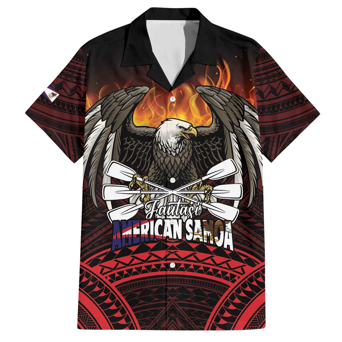 Fautasi Race Day American Samoa Family Matching Off The Shoulder Long Sleeve Dress and Hawaiian Shirt Bald Eagle Polynesian Tattoo LT14 Dad's Shirt - Short Sleeve Black - Polynesian Pride