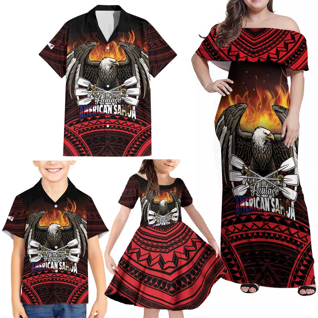 Fautasi Race Day American Samoa Family Matching Off Shoulder Maxi Dress and Hawaiian Shirt Bald Eagle Polynesian Tattoo