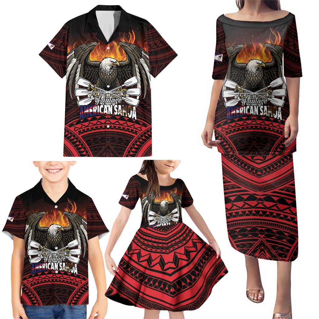Fautasi Race Day American Samoa Family Matching Puletasi and Hawaiian Shirt Bald Eagle Polynesian Tattoo