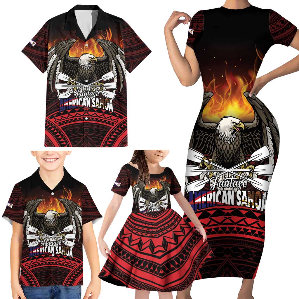 Fautasi Race Day American Samoa Family Matching Short Sleeve Bodycon Dress and Hawaiian Shirt Bald Eagle Polynesian Tattoo LT14 - Polynesian Pride