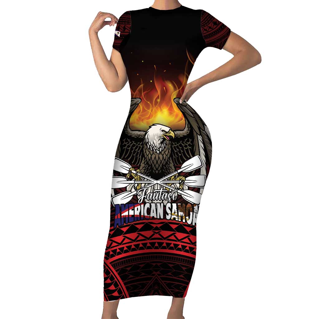 Fautasi Race Day American Samoa Family Matching Short Sleeve Bodycon Dress and Hawaiian Shirt Bald Eagle Polynesian Tattoo LT14 Mom's Dress Black - Polynesian Pride