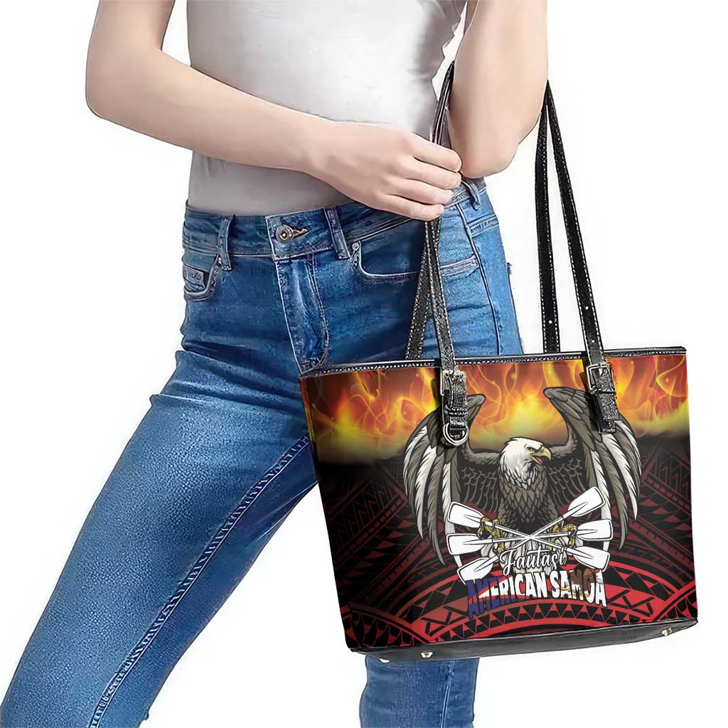 Fautasi Race Day American Samoa Leather Tote Bag Bald Eagle Polynesian Tattoo