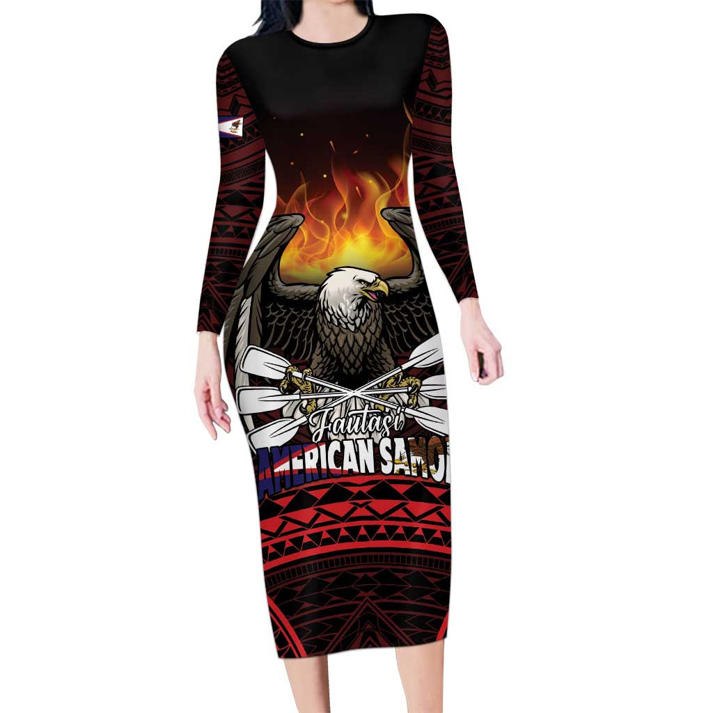 Fautasi Race Day American Samoa Long Sleeve Bodycon Dress Bald Eagle Polynesian Tattoo