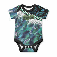 Turquoise Traditional Cloak Aotearoa Baby Onesie Maori Paua Shell Korowai Pattern LT14 Turquoise - Polynesian Pride
