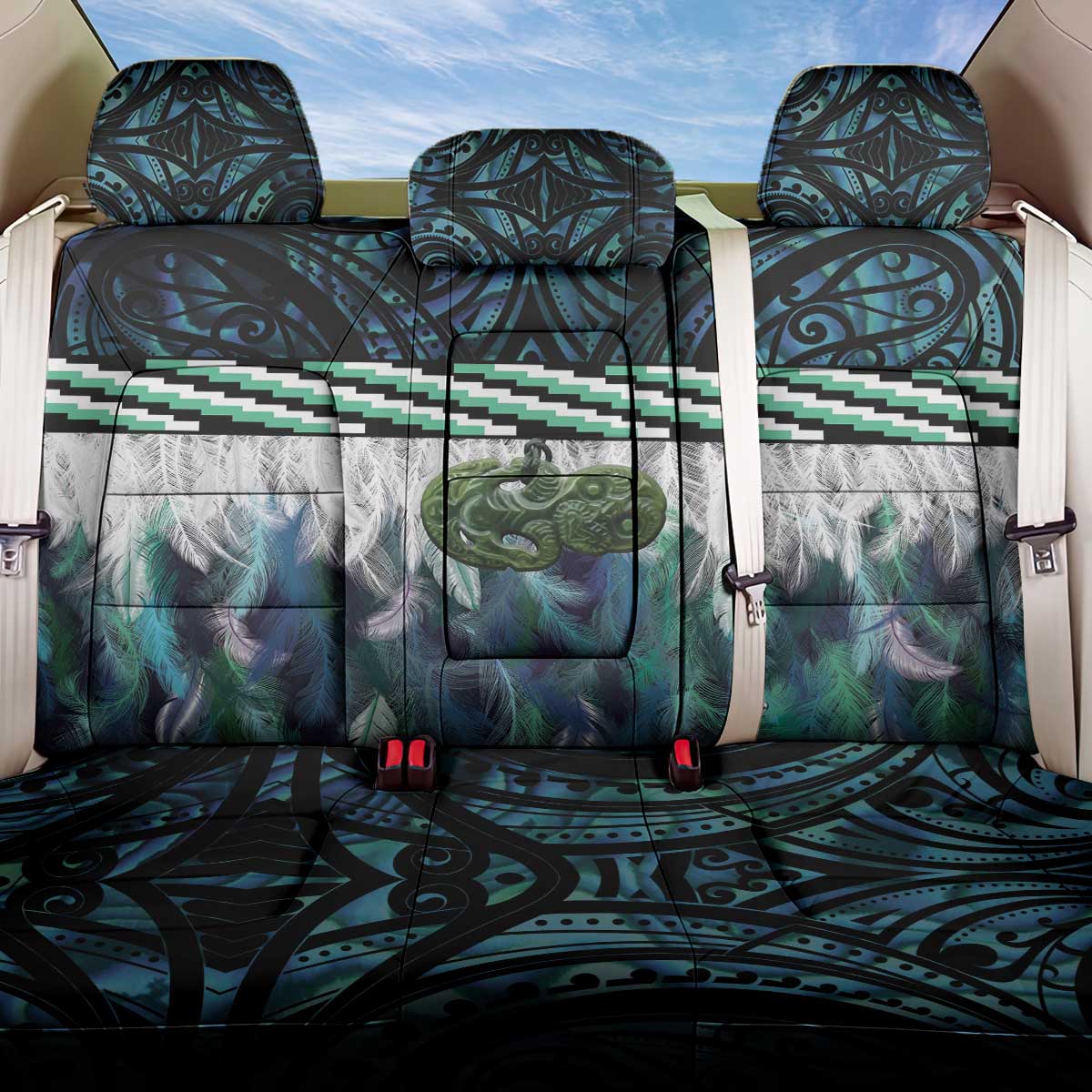 Turquoise Traditional Cloak Aotearoa Back Car Seat Cover Maori Paua Shell Korowai Pattern