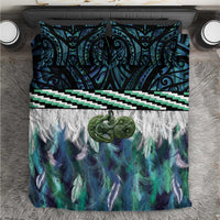 Turquoise Traditional Cloak Aotearoa Bedding Set Maori Paua Shell Korowai Pattern