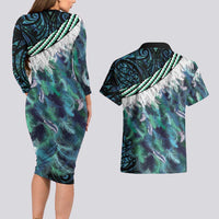 Turquoise Traditional Cloak Aotearoa Couples Matching Long Sleeve Bodycon Dress and Hawaiian Shirt Maori Paua Shell Korowai Pattern
