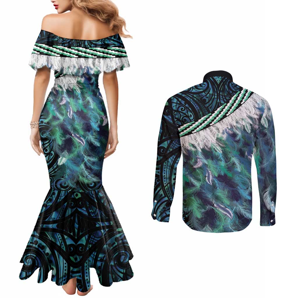 Turquoise Traditional Cloak Aotearoa Couples Matching Mermaid Dress and Long Sleeve Button Shirt Maori Paua Shell Korowai Pattern