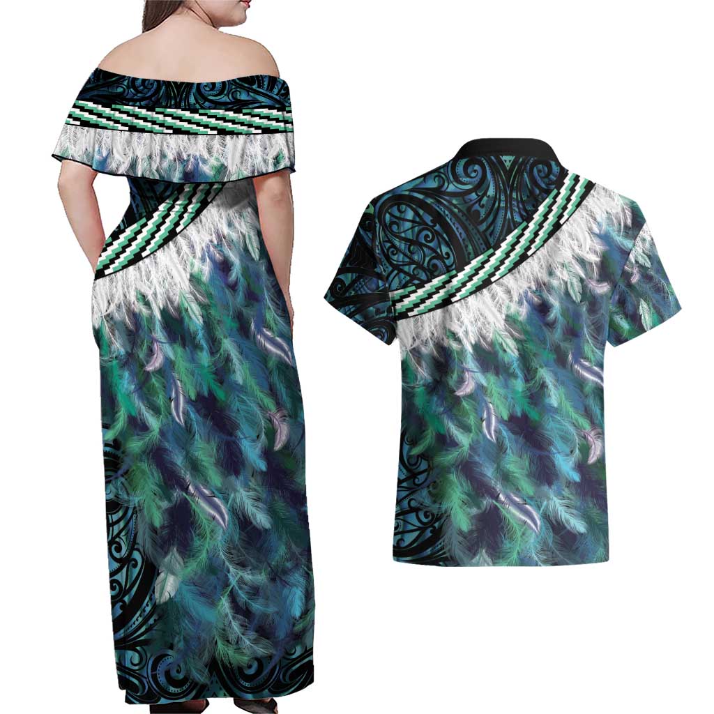 Turquoise Traditional Cloak Aotearoa Couples Matching Off Shoulder Maxi Dress and Hawaiian Shirt Maori Paua Shell Korowai Pattern