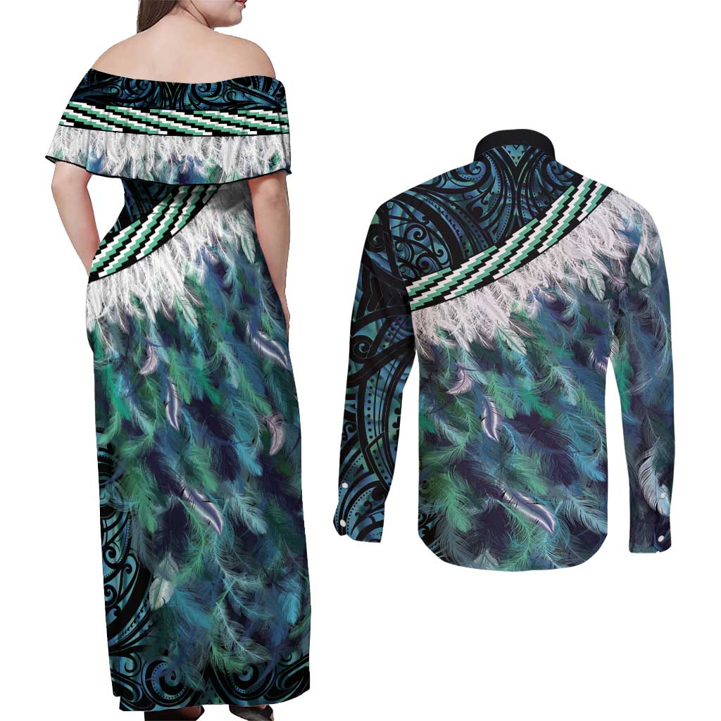 Turquoise Traditional Cloak Aotearoa Couples Matching Off Shoulder Maxi Dress and Long Sleeve Button Shirt Maori Paua Shell Korowai Pattern