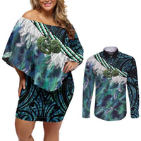 Turquoise Traditional Cloak Aotearoa Couples Matching Off Shoulder Short Dress and Long Sleeve Button Shirt Maori Paua Shell Korowai Pattern