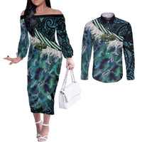 Turquoise Traditional Cloak Aotearoa Couples Matching Off The Shoulder Long Sleeve Dress and Long Sleeve Button Shirt Maori Paua Shell Korowai Pattern