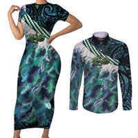 Turquoise Traditional Cloak Aotearoa Couples Matching Short Sleeve Bodycon Dress and Long Sleeve Button Shirt Maori Paua Shell Korowai Pattern