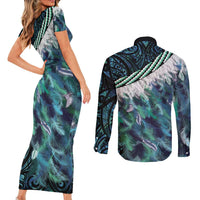 Turquoise Traditional Cloak Aotearoa Couples Matching Short Sleeve Bodycon Dress and Long Sleeve Button Shirt Maori Paua Shell Korowai Pattern