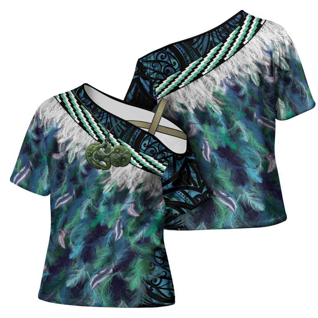 Turquoise Traditional Cloak Aotearoa Cross Shoulder Shirt Maori Paua Shell Korowai Pattern - Polynesian Pride