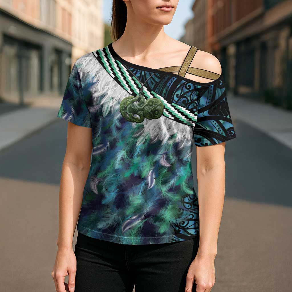 Turquoise Traditional Cloak Aotearoa Cross Shoulder Shirt Maori Paua Shell Korowai Pattern - Polynesian Pride