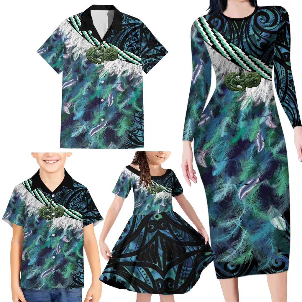 Turquoise Traditional Cloak Aotearoa Family Matching Long Sleeve Bodycon Dress and Hawaiian Shirt Maori Paua Shell Korowai Pattern LT14 - Polynesian Pride